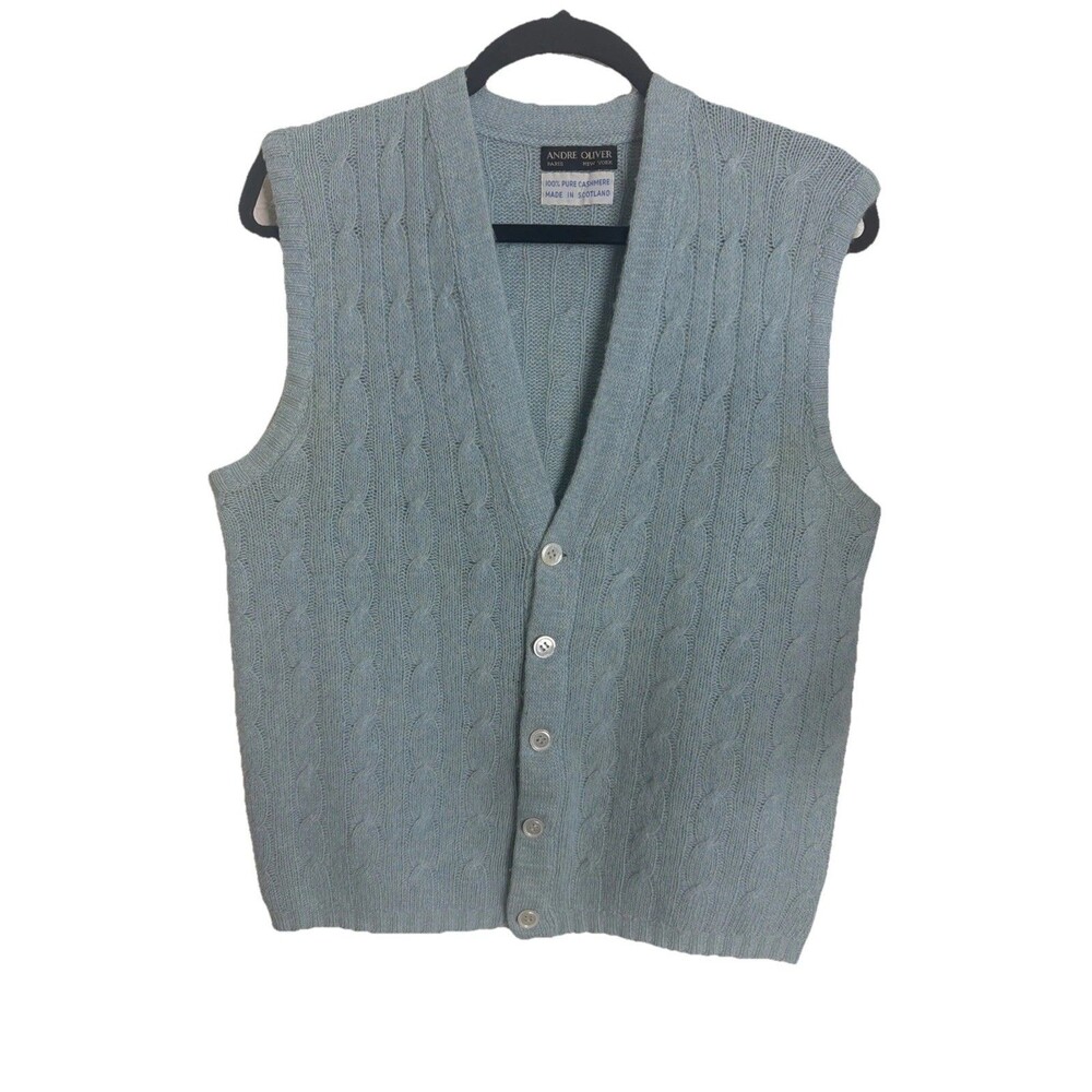 Vintage 80's Andre Oliver 100% Cashmere Cable Knit Sweater Vest Blue Scotland S?